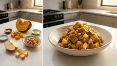 レンジで手軽にデリ風：かぼちゃと白花豆、りんごの甘酸っぱサラダ（粗つぶし食感）