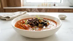 プラントビーフジャーキーでだし要らず:トマトとなすの簡単トマトスープ