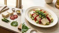 豆腐で作る和風カプレーゼ—ドライトマトと大葉・オクラで、さっぱり満足の前菜